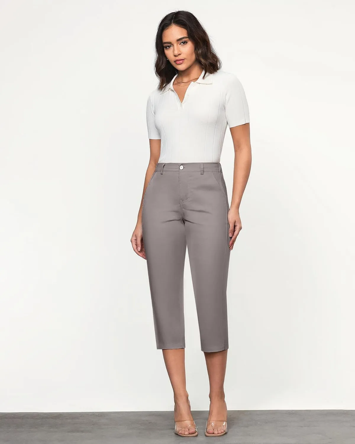 GRAPENT Capri Pants for Women Summer High Waisted Cotton Elastic Waist Dressy Casual Office Work Capris Trousers Pants