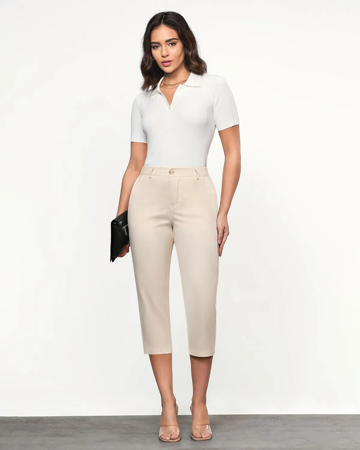 GRAPENT Capri Pants for Women Summer High Waisted Cotton Elastic Waist Dressy Casual Office Work Capris Trousers Pants