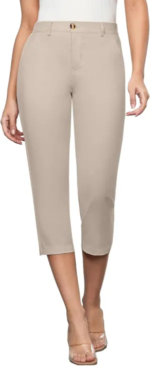 GRAPENT Capri Pants for Women Summer High Waisted Cotton Elastic Waist Dressy Casual Office Work Capris Trousers Pants
