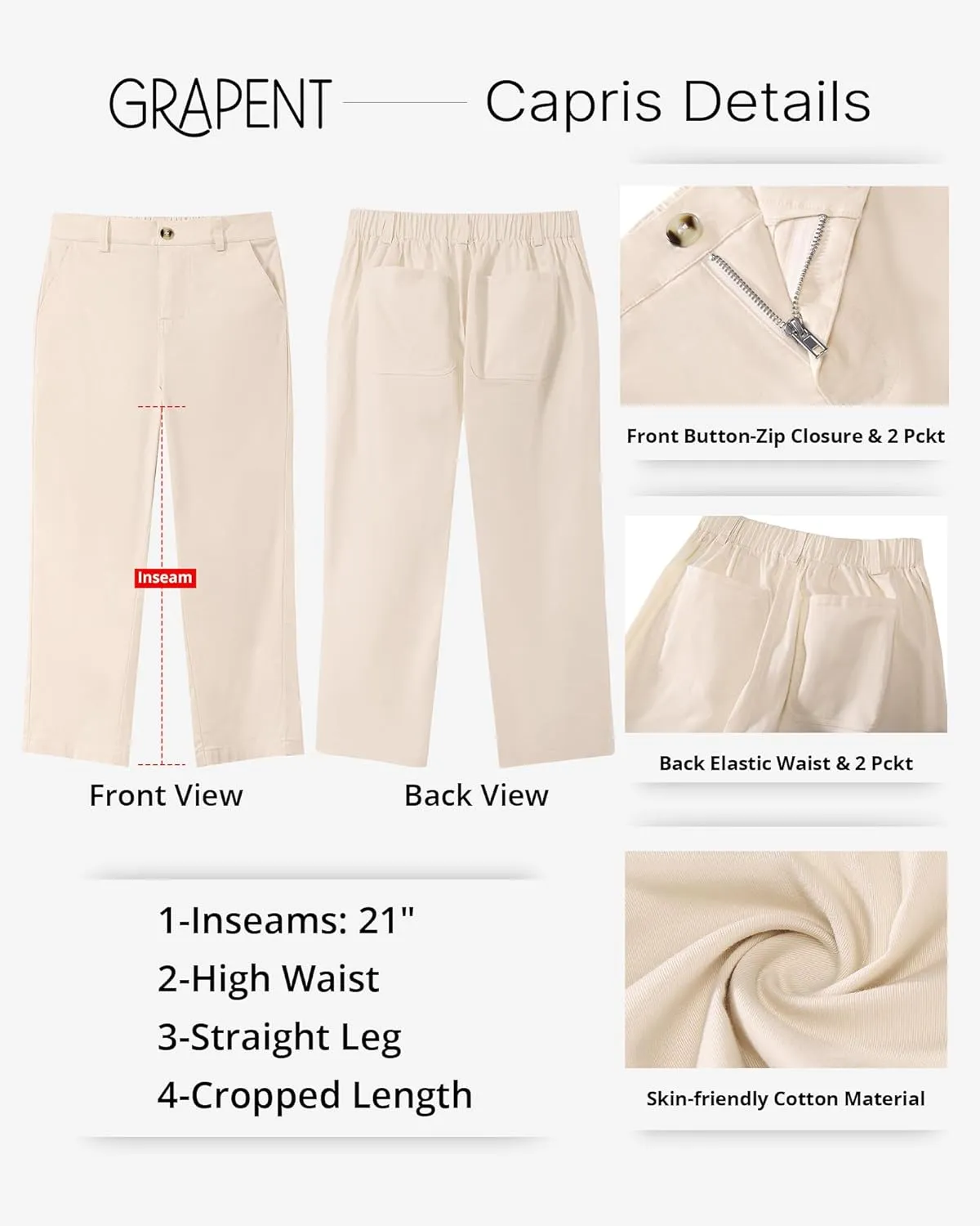 GRAPENT Capri Pants for Women Summer High Waisted Cotton Elastic Waist Dressy Casual Office Work Capris Trousers Pants