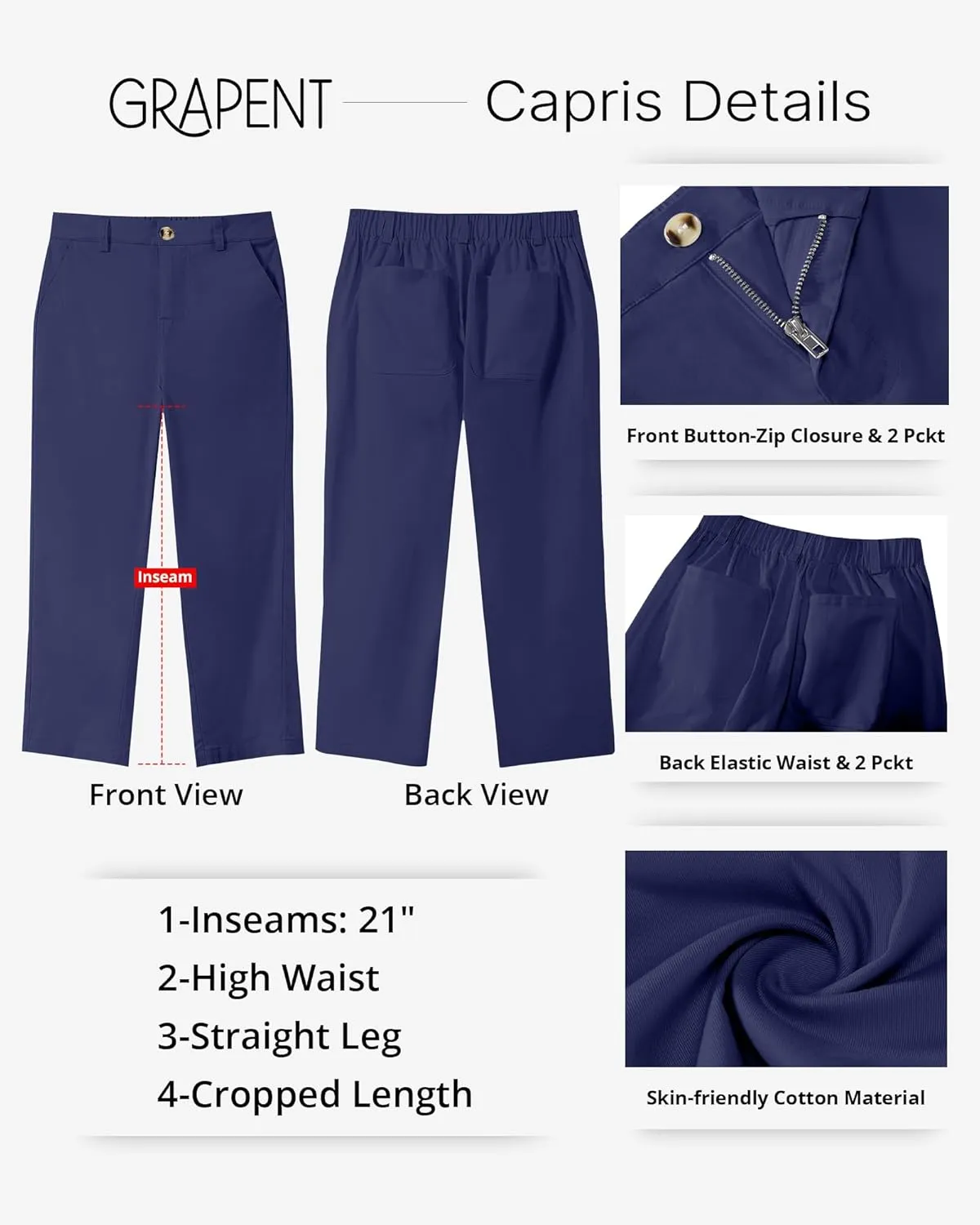 GRAPENT Capri Pants for Women Summer High Waisted Cotton Elastic Waist Dressy Casual Office Work Capris Trousers Pants