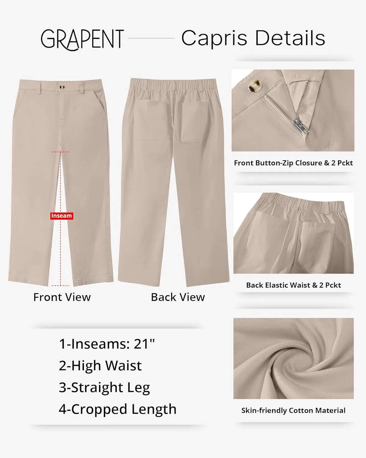 GRAPENT Capri Pants for Women Summer High Waisted Cotton Elastic Waist Dressy Casual Office Work Capris Trousers Pants