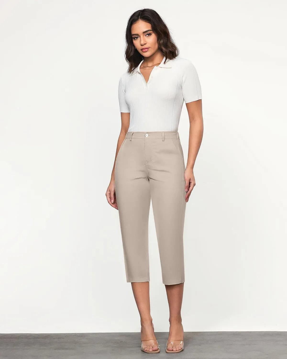 GRAPENT Capri Pants for Women Summer High Waisted Cotton Elastic Waist Dressy Casual Office Work Capris Trousers Pants