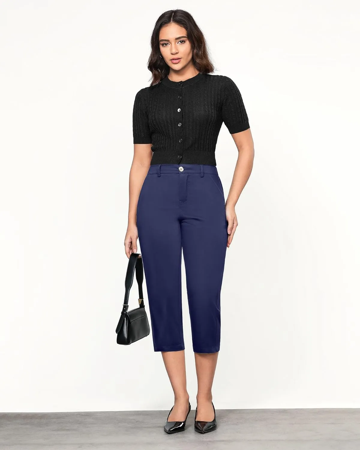 GRAPENT Capri Pants for Women Summer High Waisted Cotton Elastic Waist Dressy Casual Office Work Capris Trousers Pants