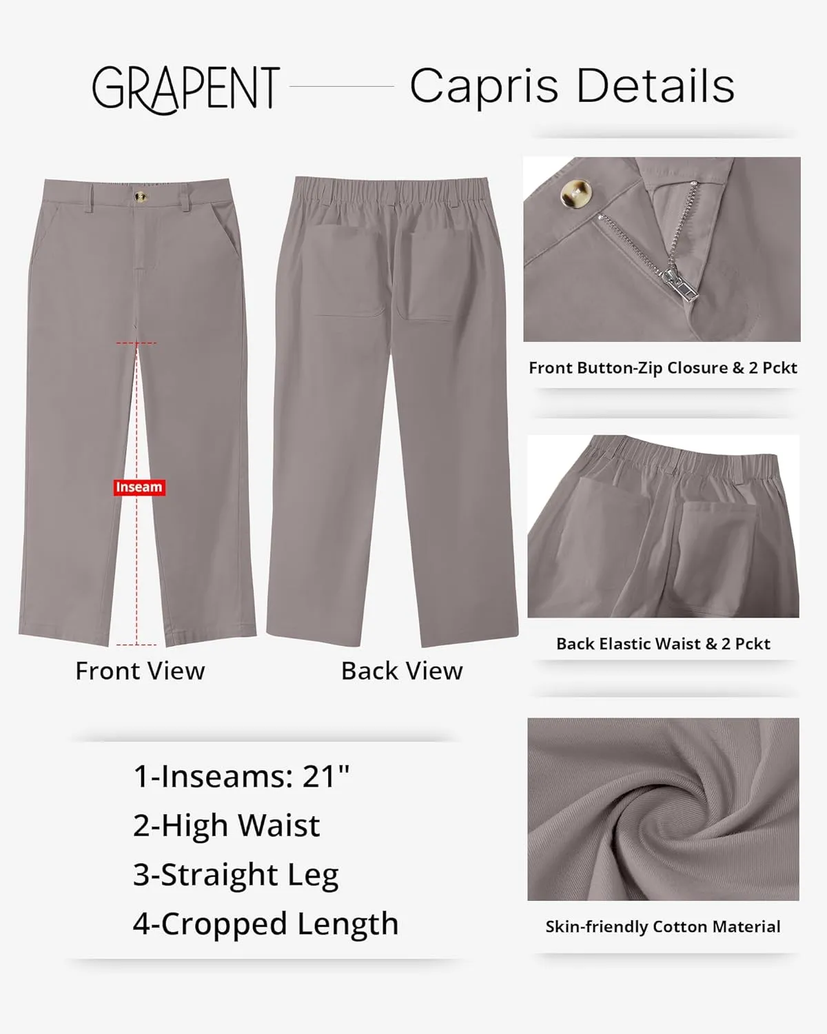 GRAPENT Capri Pants for Women Summer High Waisted Cotton Elastic Waist Dressy Casual Office Work Capris Trousers Pants