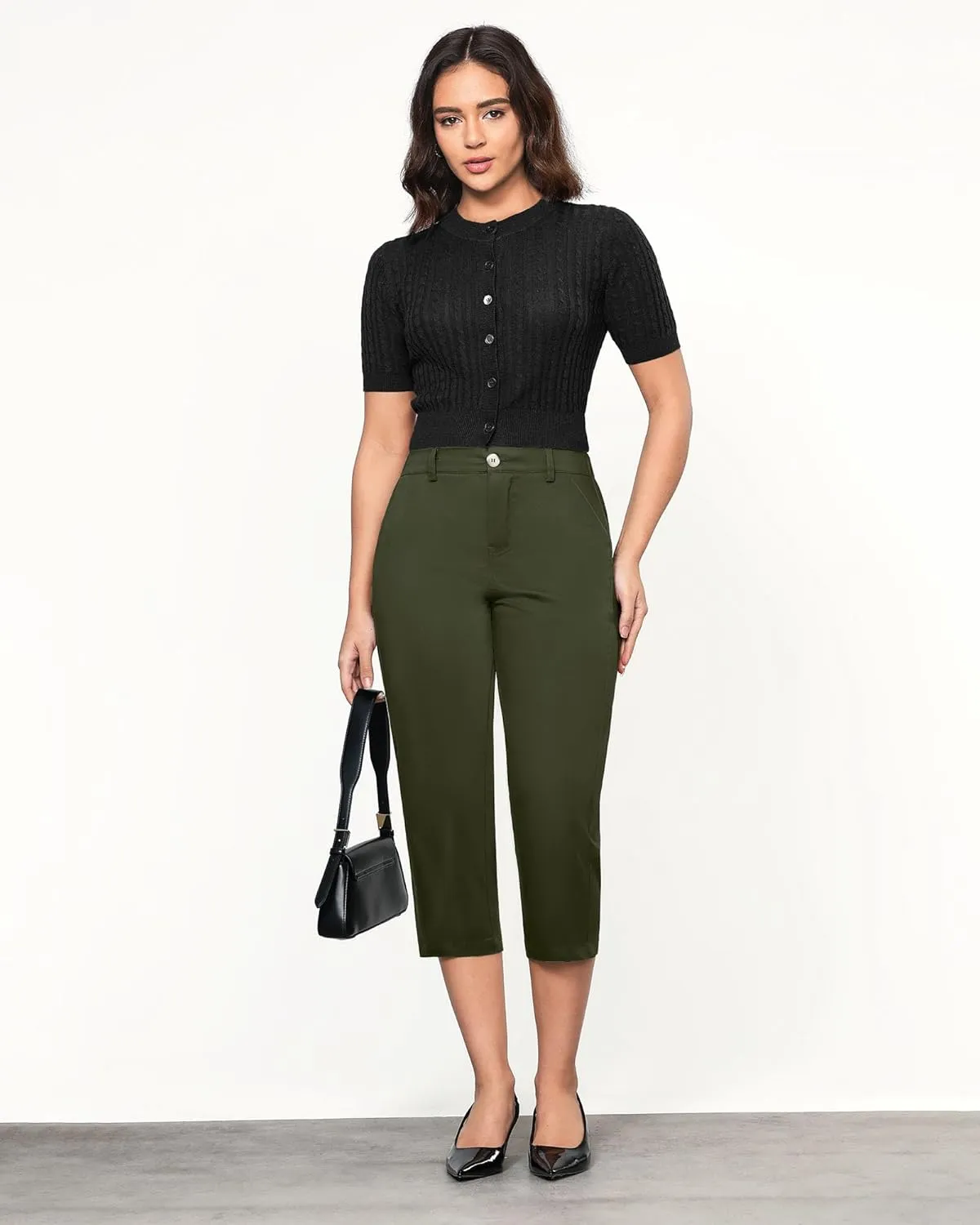 GRAPENT Capri Pants for Women Summer High Waisted Cotton Elastic Waist Dressy Casual Office Work Capris Trousers Pants