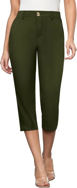 GRAPENT Capri Pants for Women Summer High Waisted Cotton Elastic Waist Dressy Casual Office Work Capris Trousers Pants