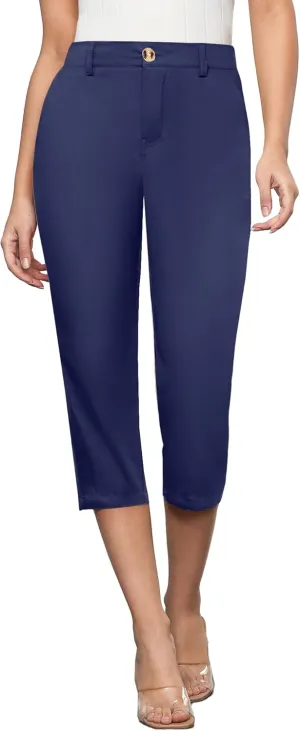 GRAPENT Capri Pants for Women Summer High Waisted Cotton Elastic Waist Dressy Casual Office Work Capris Trousers Pants