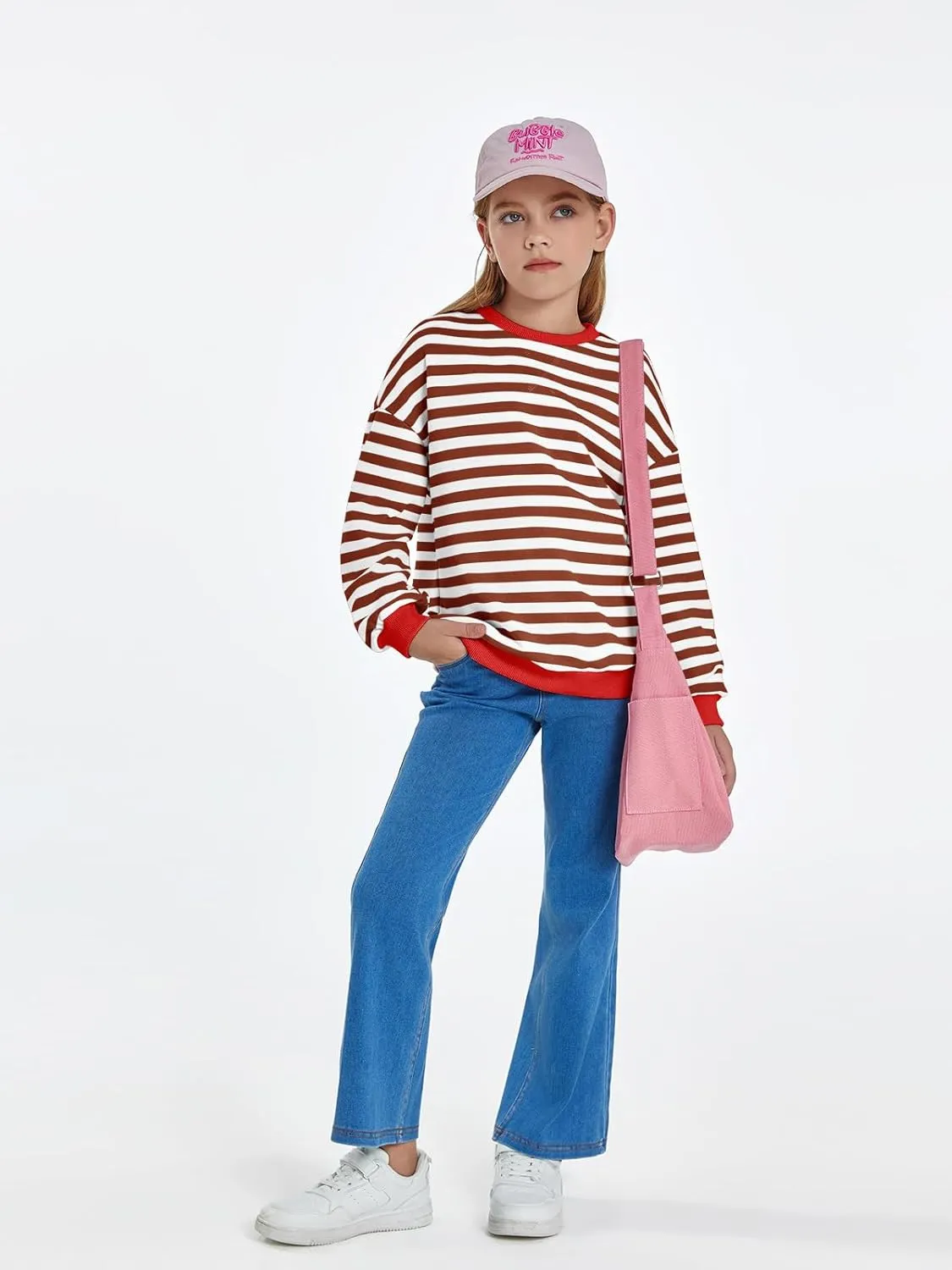Haloumoning Girls Striped Crewneck Sweatshirt Kids Long Sleeve Oversized Fashion Pullover Tops Fall Clothes 5-14 Years