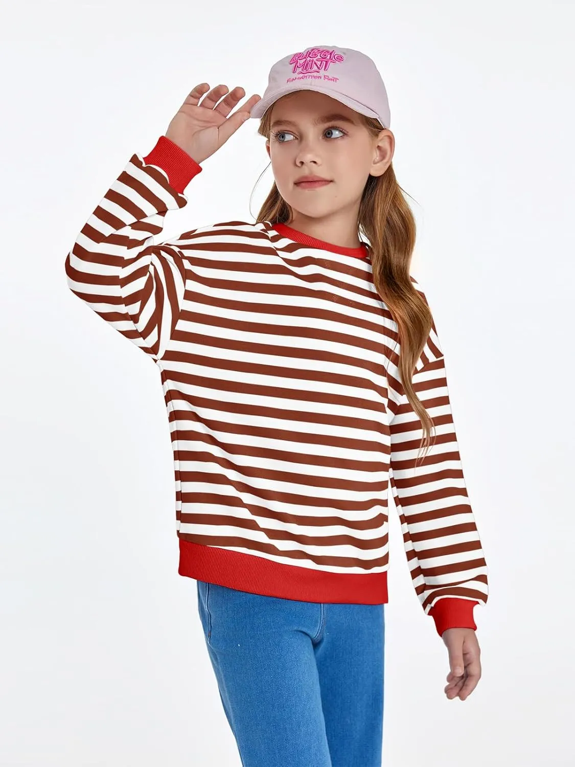 Haloumoning Girls Striped Crewneck Sweatshirt Kids Long Sleeve Oversized Fashion Pullover Tops Fall Clothes 5-14 Years