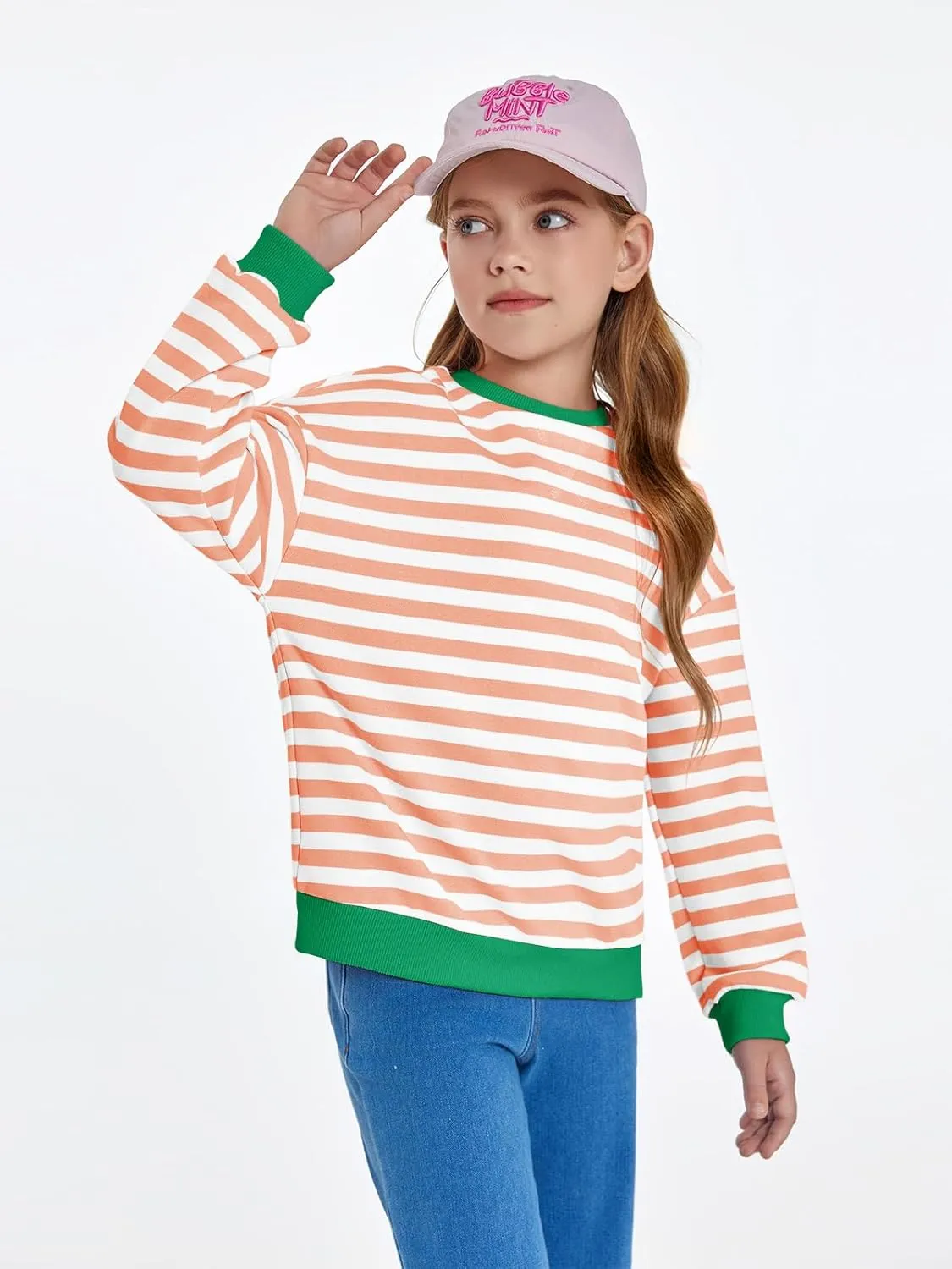 Haloumoning Girls Striped Crewneck Sweatshirt Kids Long Sleeve Oversized Fashion Pullover Tops Fall Clothes 5-14 Years