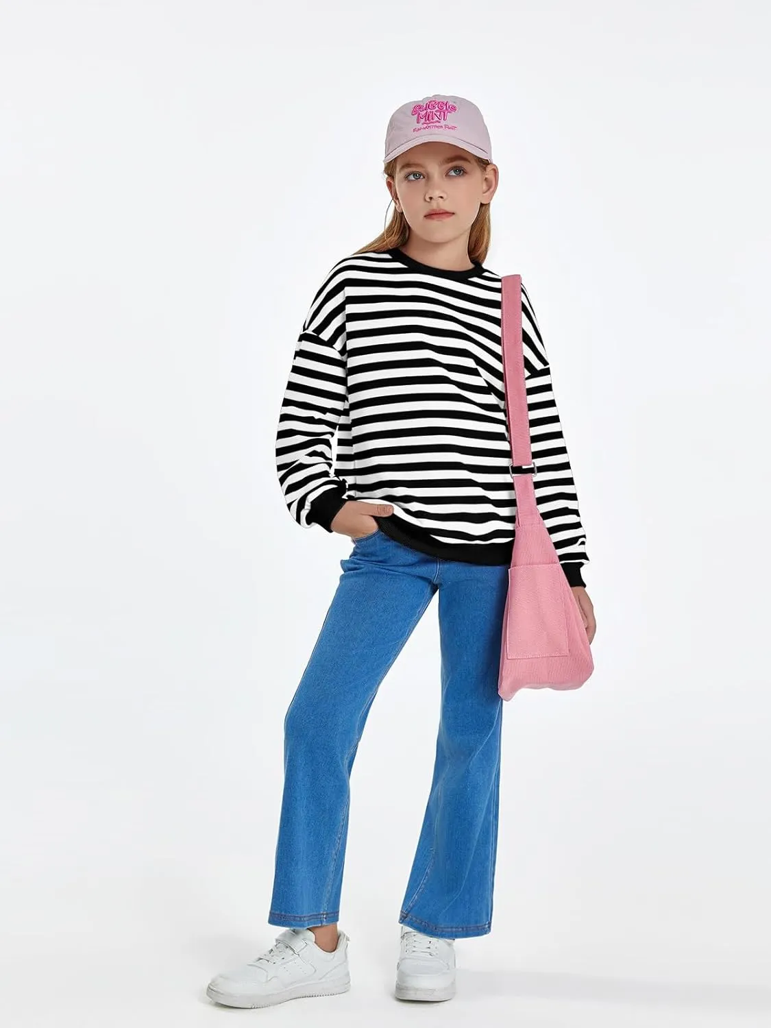 Haloumoning Girls Striped Crewneck Sweatshirt Kids Long Sleeve Oversized Fashion Pullover Tops Fall Clothes 5-14 Years
