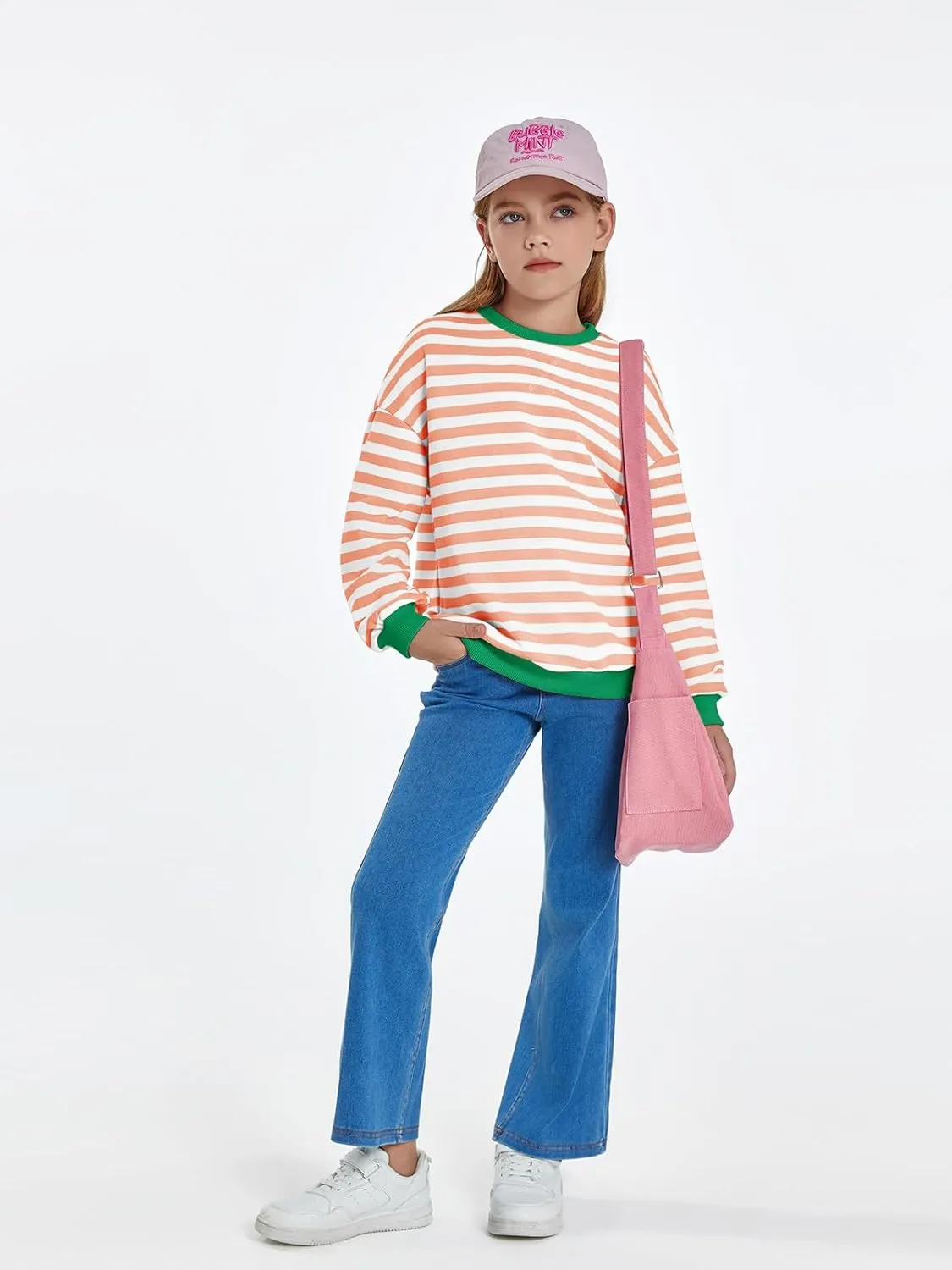 Haloumoning Girls Striped Crewneck Sweatshirt Kids Long Sleeve Oversized Fashion Pullover Tops Fall Clothes 5-14 Years