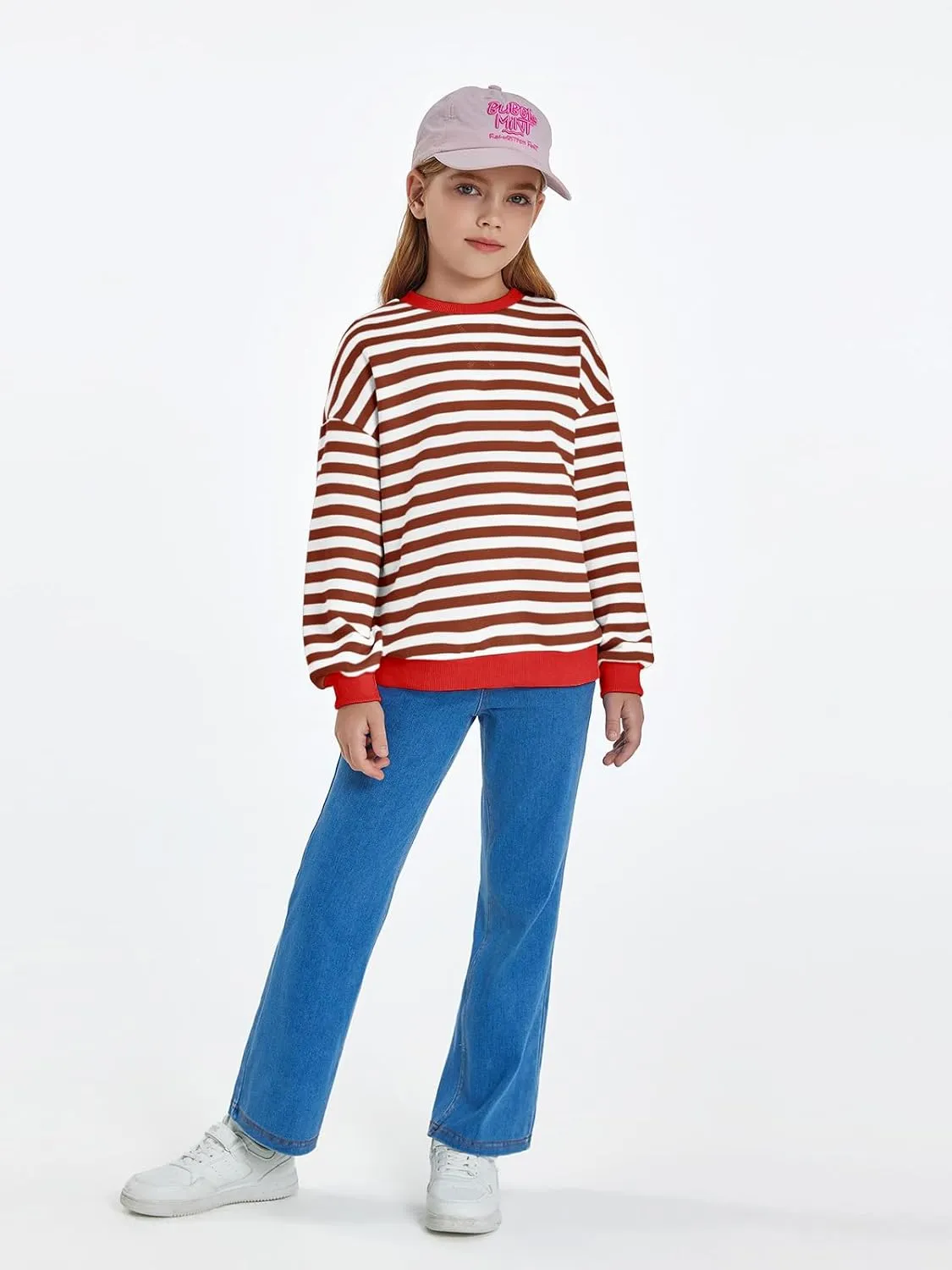 Haloumoning Girls Striped Crewneck Sweatshirt Kids Long Sleeve Oversized Fashion Pullover Tops Fall Clothes 5-14 Years
