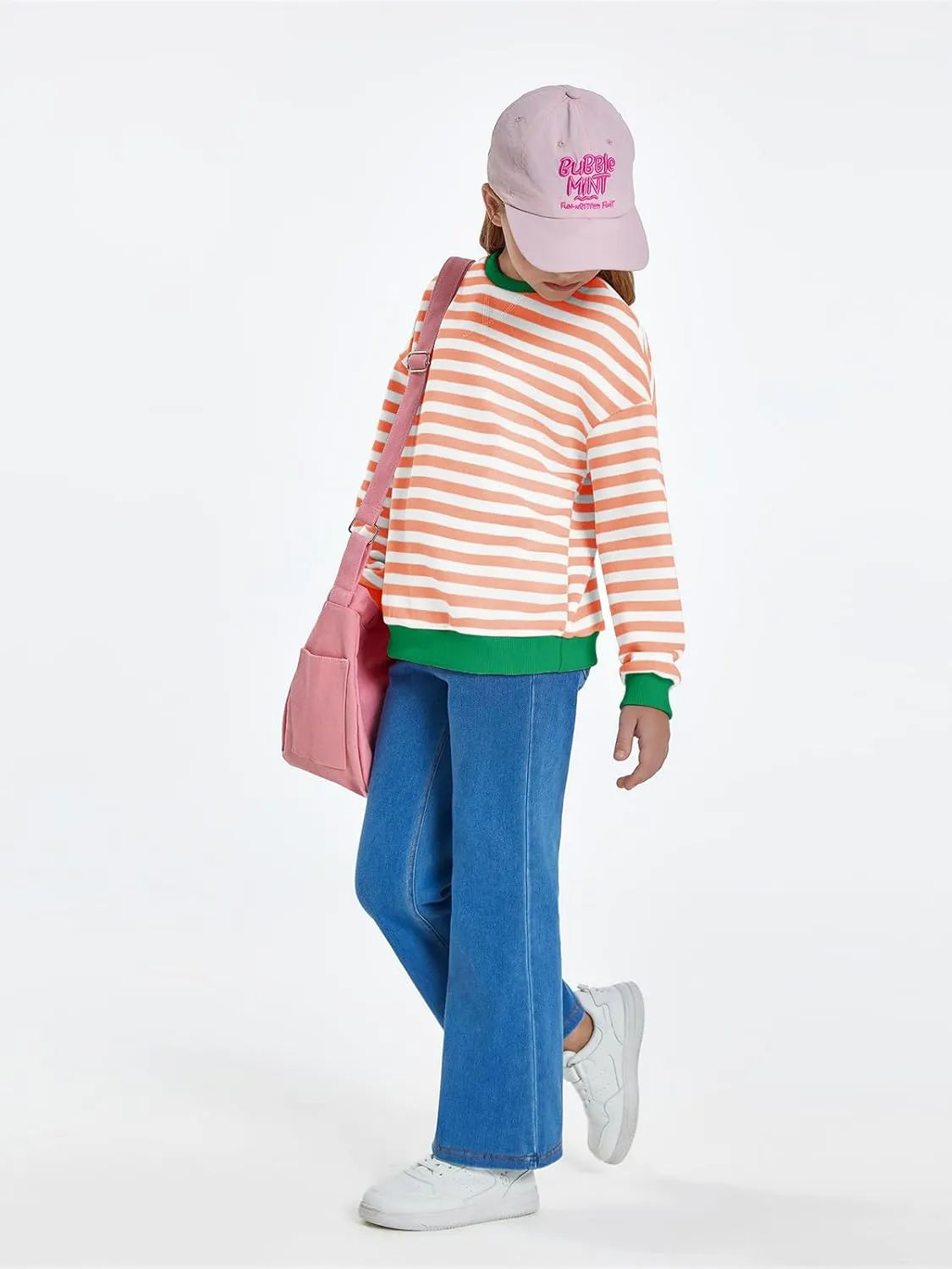 Haloumoning Girls Striped Crewneck Sweatshirt Kids Long Sleeve Oversized Fashion Pullover Tops Fall Clothes 5-14 Years