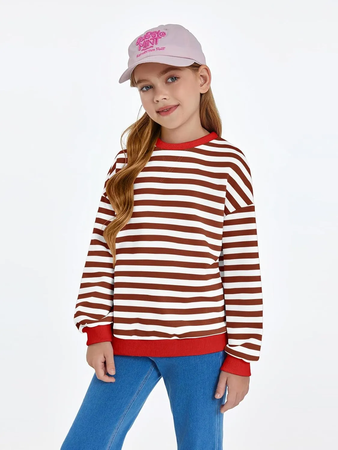 Haloumoning Girls Striped Crewneck Sweatshirt Kids Long Sleeve Oversized Fashion Pullover Tops Fall Clothes 5-14 Years