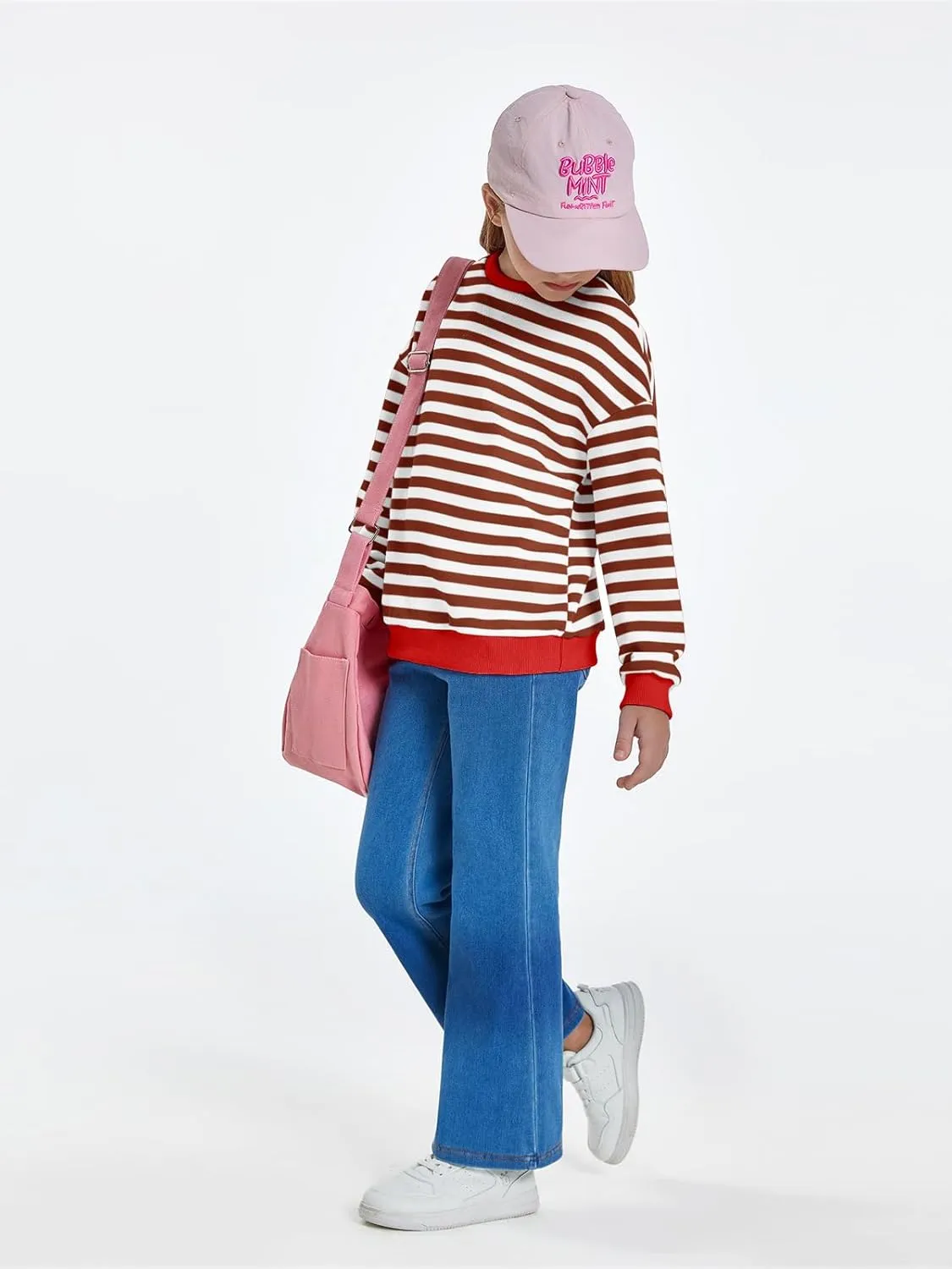 Haloumoning Girls Striped Crewneck Sweatshirt Kids Long Sleeve Oversized Fashion Pullover Tops Fall Clothes 5-14 Years