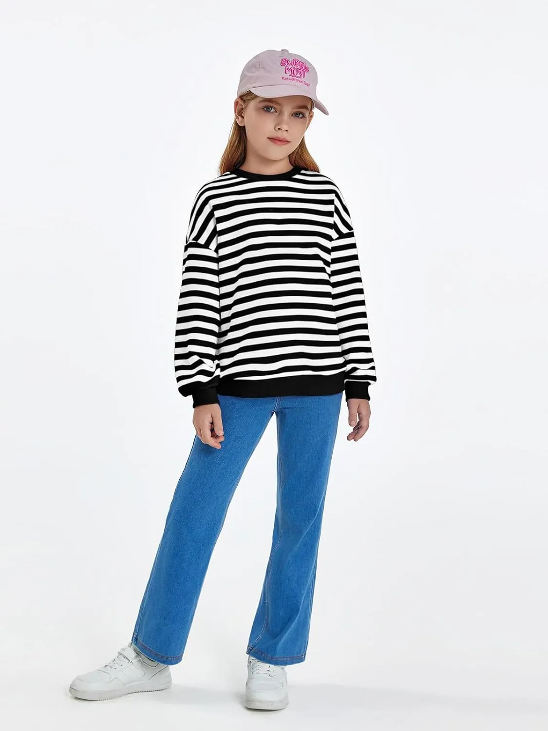 Haloumoning Girls Striped Crewneck Sweatshirt Kids Long Sleeve Oversized Fashion Pullover Tops Fall Clothes 5-14 Years