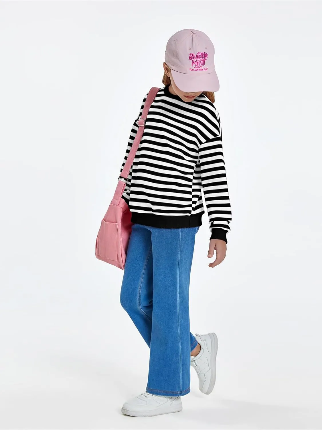 Haloumoning Girls Striped Crewneck Sweatshirt Kids Long Sleeve Oversized Fashion Pullover Tops Fall Clothes 5-14 Years