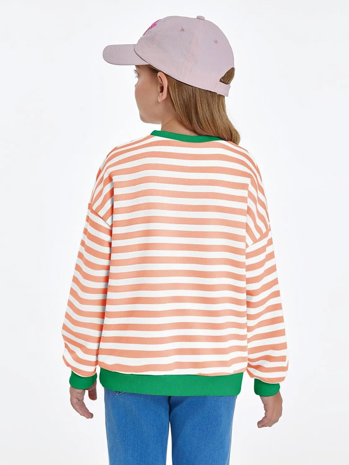 Haloumoning Girls Striped Crewneck Sweatshirt Kids Long Sleeve Oversized Fashion Pullover Tops Fall Clothes 5-14 Years