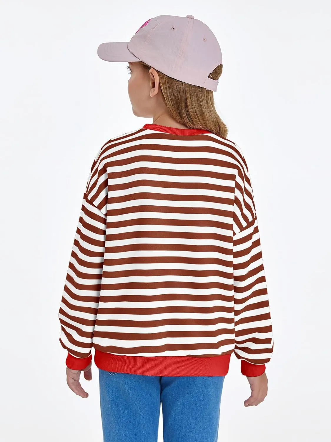 Haloumoning Girls Striped Crewneck Sweatshirt Kids Long Sleeve Oversized Fashion Pullover Tops Fall Clothes 5-14 Years