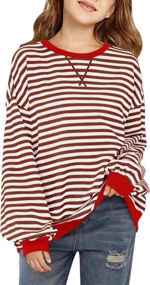 Haloumoning Girls Striped Crewneck Sweatshirt Kids Long Sleeve Oversized Fashion Pullover Tops Fall Clothes 5-14 Years