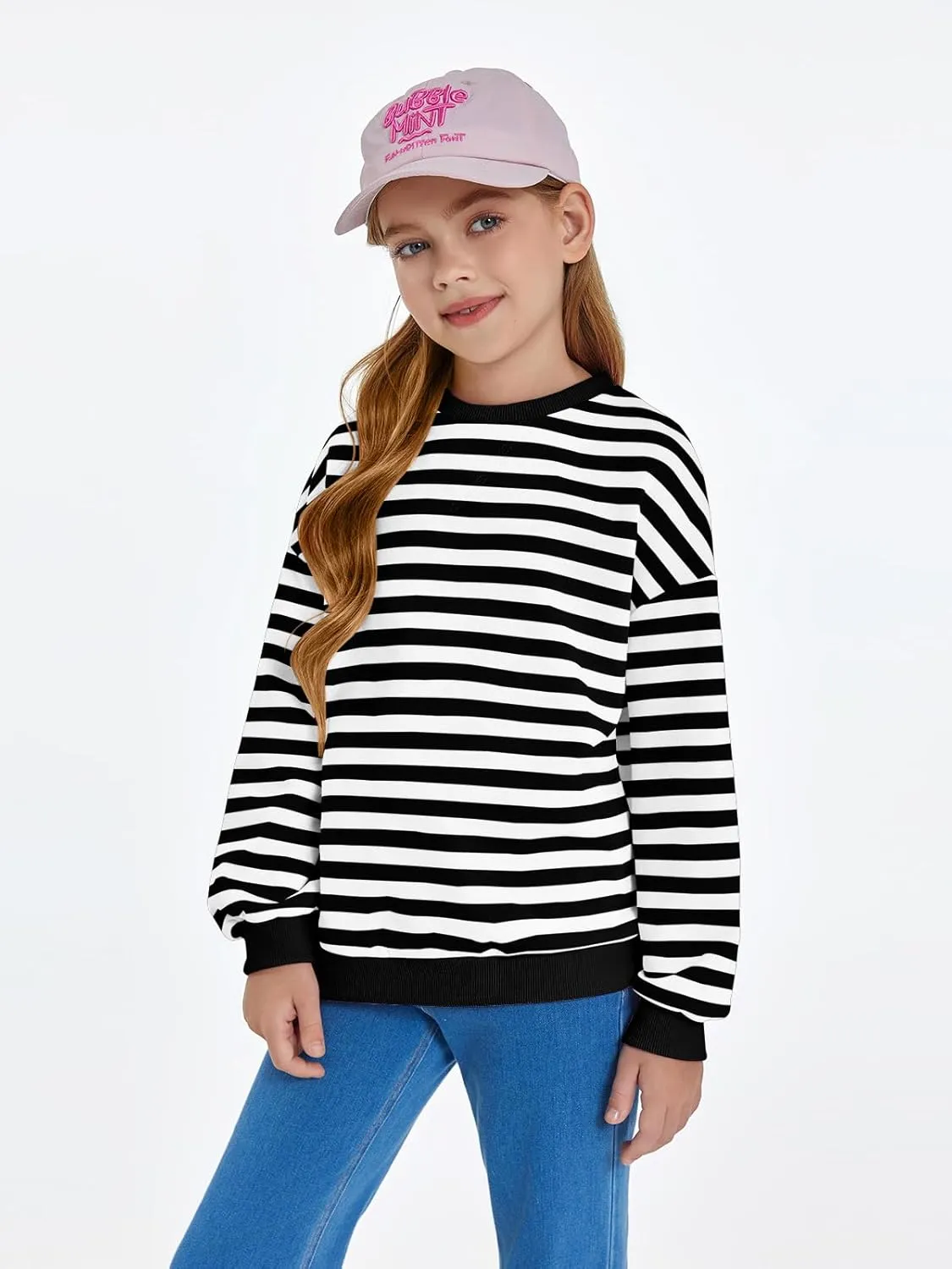 Haloumoning Girls Striped Crewneck Sweatshirt Kids Long Sleeve Oversized Fashion Pullover Tops Fall Clothes 5-14 Years