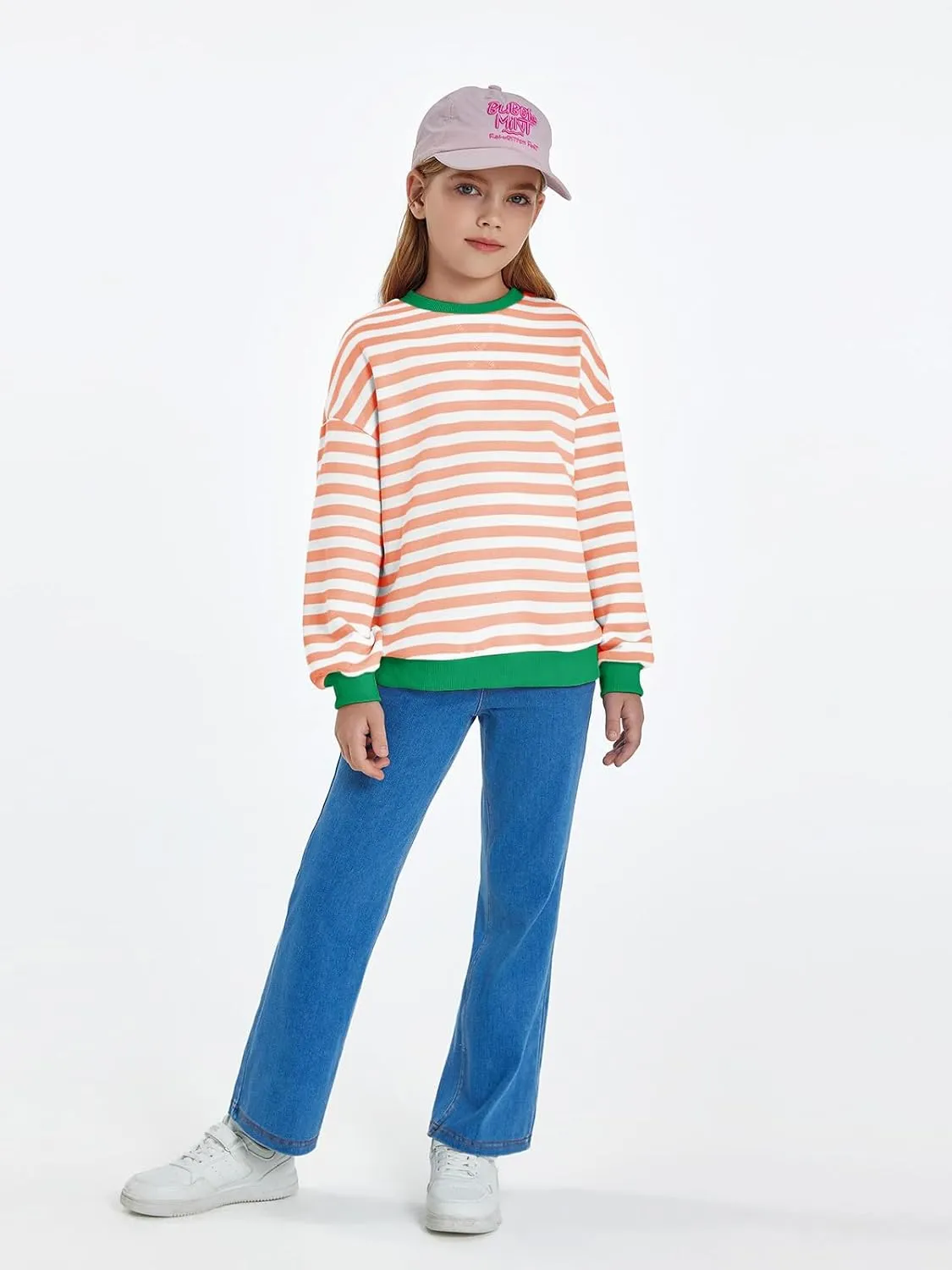 Haloumoning Girls Striped Crewneck Sweatshirt Kids Long Sleeve Oversized Fashion Pullover Tops Fall Clothes 5-14 Years