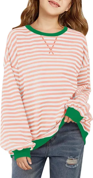 Haloumoning Girls Striped Crewneck Sweatshirt Kids Long Sleeve Oversized Fashion Pullover Tops Fall Clothes 5-14 Years