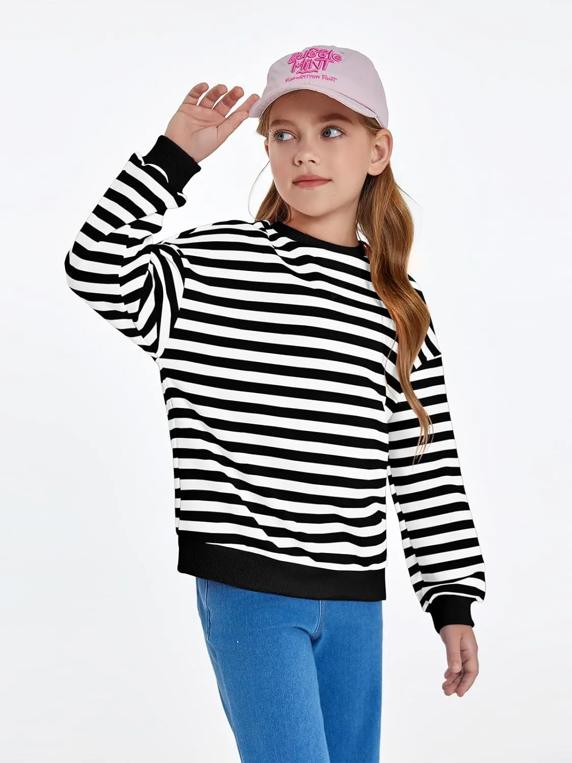 Haloumoning Girls Striped Crewneck Sweatshirt Kids Long Sleeve Oversized Fashion Pullover Tops Fall Clothes 5-14 Years