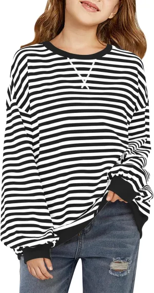 Haloumoning Girls Striped Crewneck Sweatshirt Kids Long Sleeve Oversized Fashion Pullover Tops Fall Clothes 5-14 Years