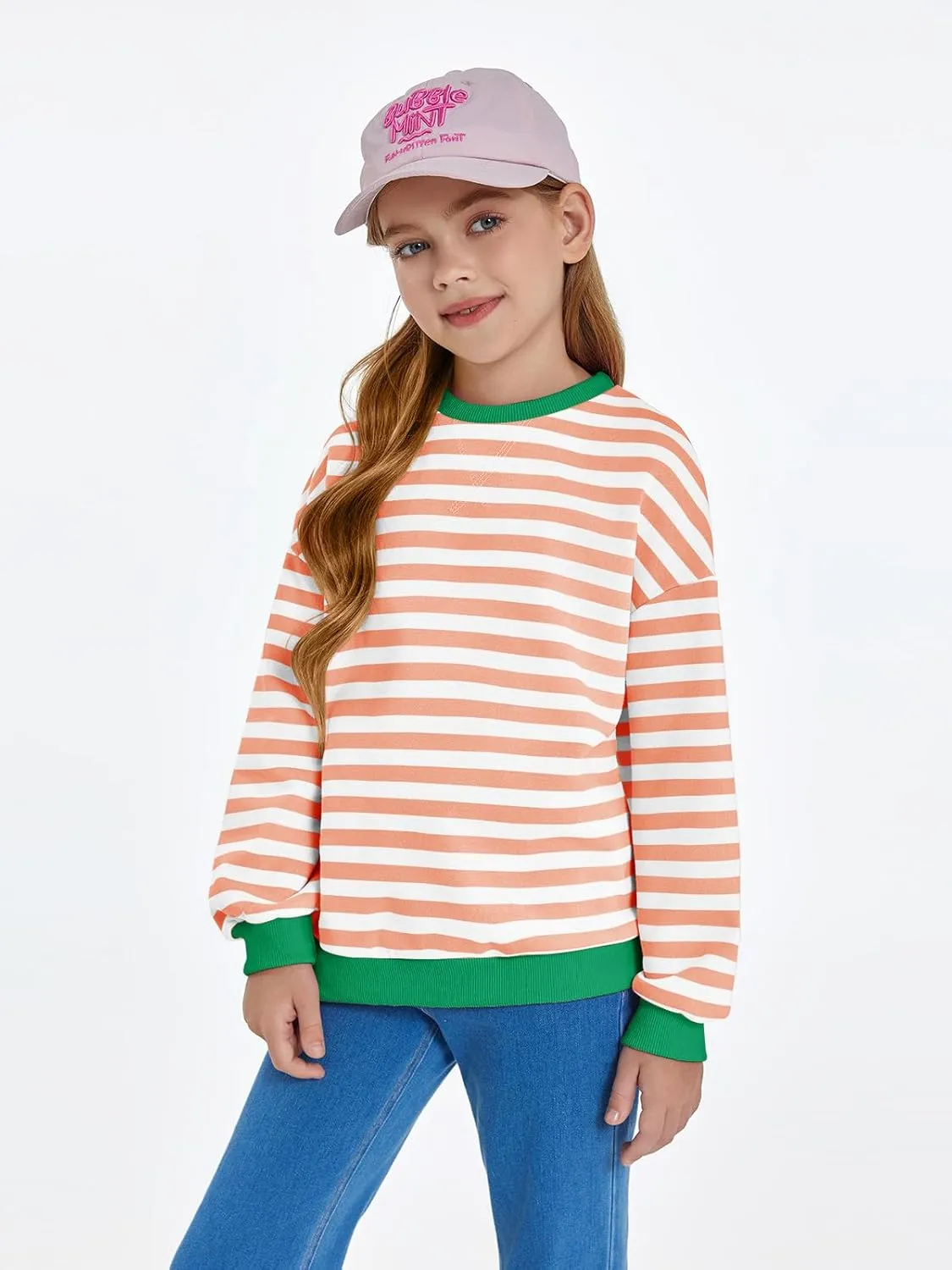 Haloumoning Girls Striped Crewneck Sweatshirt Kids Long Sleeve Oversized Fashion Pullover Tops Fall Clothes 5-14 Years