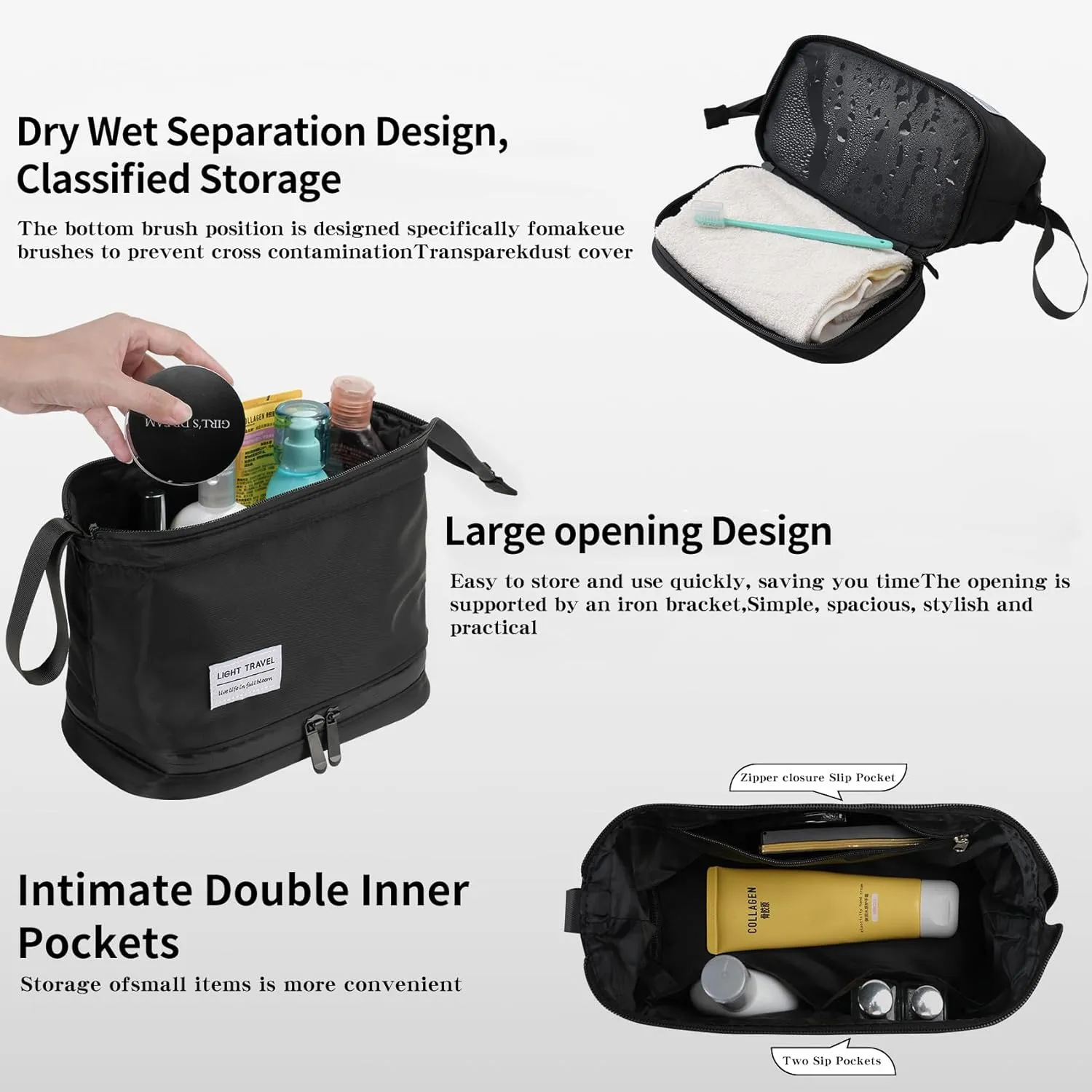 Hanging Travel Toiletry Bag for Men, Compact,sturdy, Lightweight, Waterproof, Dry Wet Separation,Simple and Practical, Suitable for travel Toiletry Organizer (Men, Jet Black)