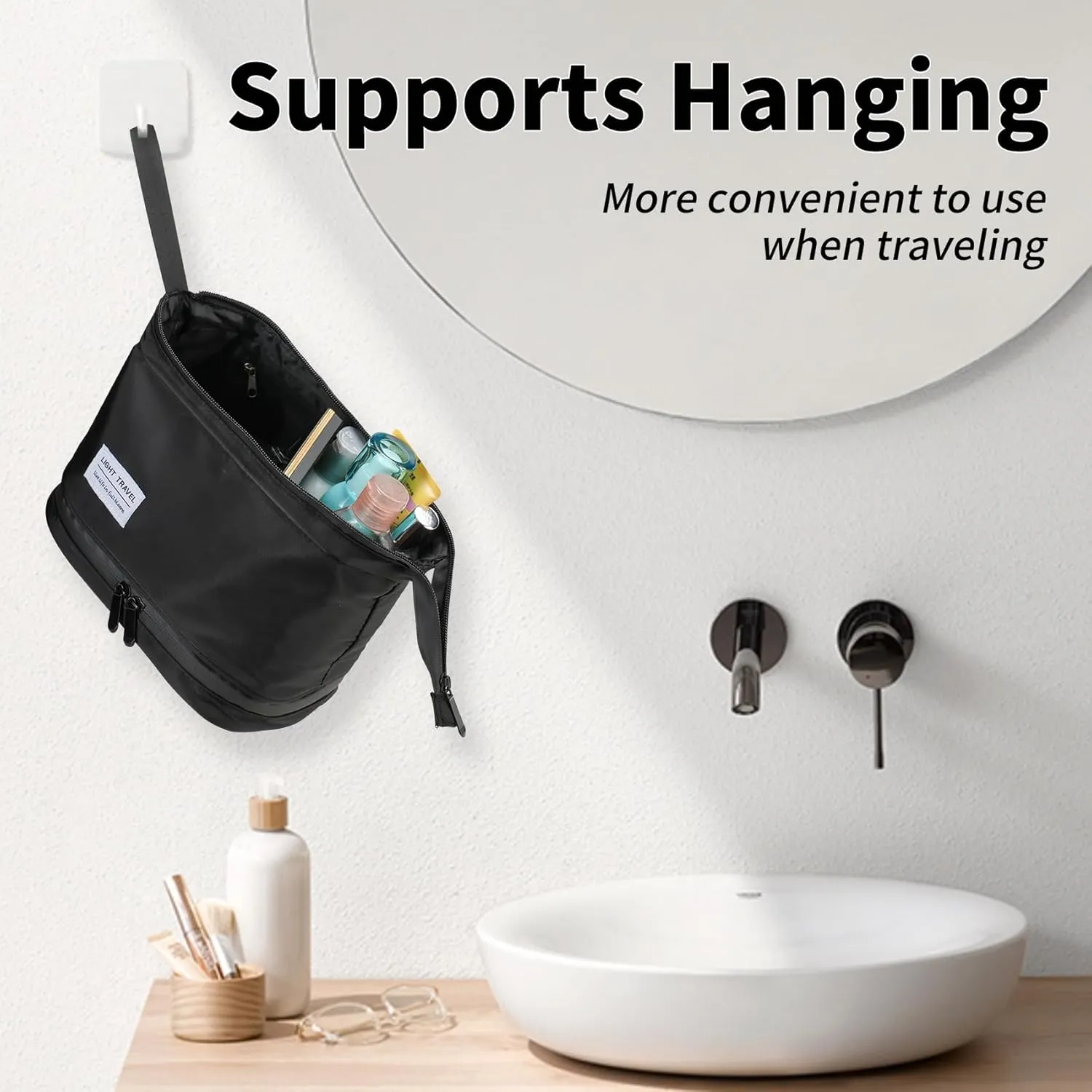 Hanging Travel Toiletry Bag for Men, Compact,sturdy, Lightweight, Waterproof, Dry Wet Separation,Simple and Practical, Suitable for travel Toiletry Organizer (Men, Jet Black)