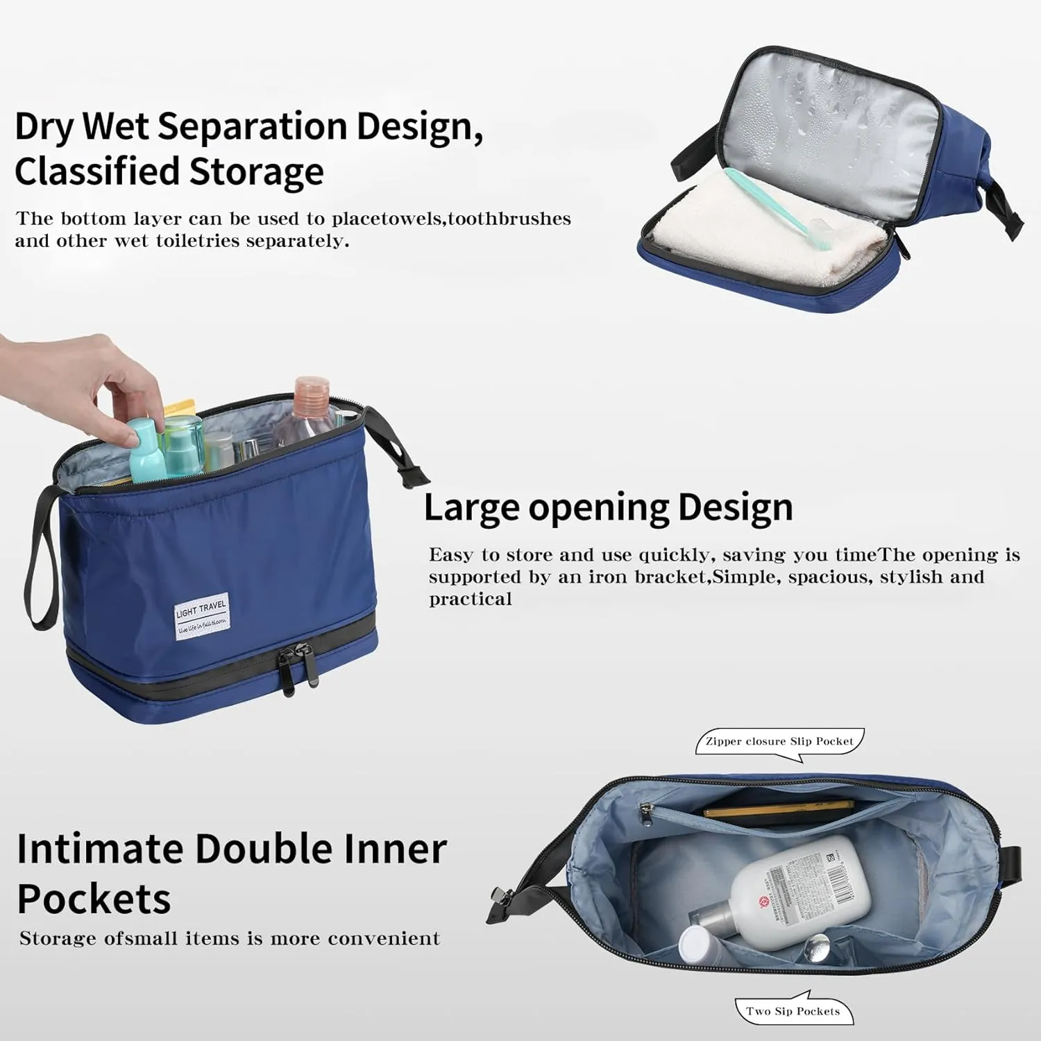 Hanging Travel Toiletry Bag for Men, Compact,sturdy, Lightweight, Waterproof, Dry Wet Separation,Simple and Practical, Suitable for travel Toiletry Organizer (Men, Navy Blue)
