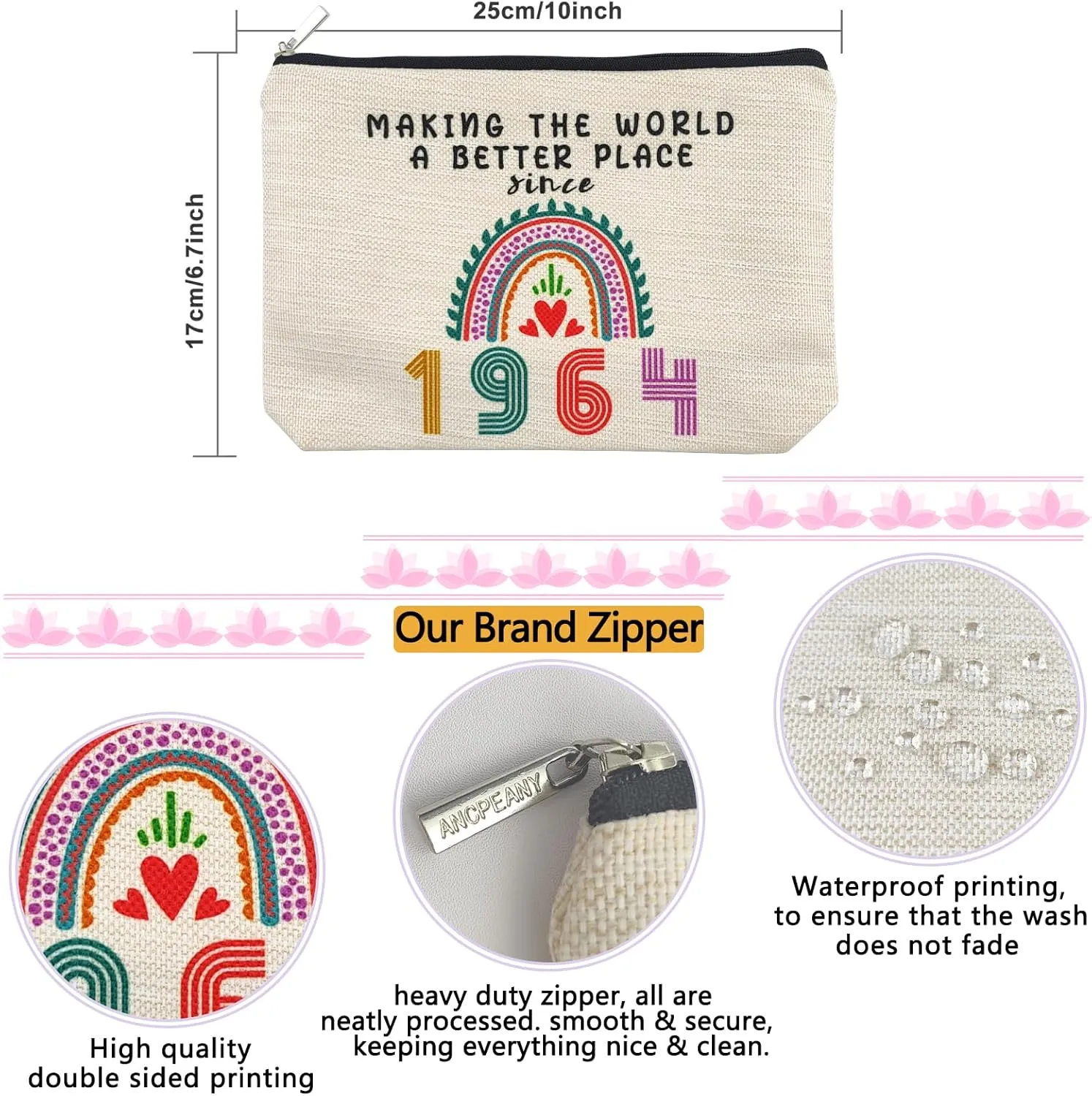 Happy 61st Birthday Gifts for Women Makeup Bag, Funny 1964 61 Year Old Birthday Decorations Gift Ideas for Grandma, Mom, Her, Wife, Sister, Aunt, Small Cosmetic Travel Bags for Mothers Day, Christmas