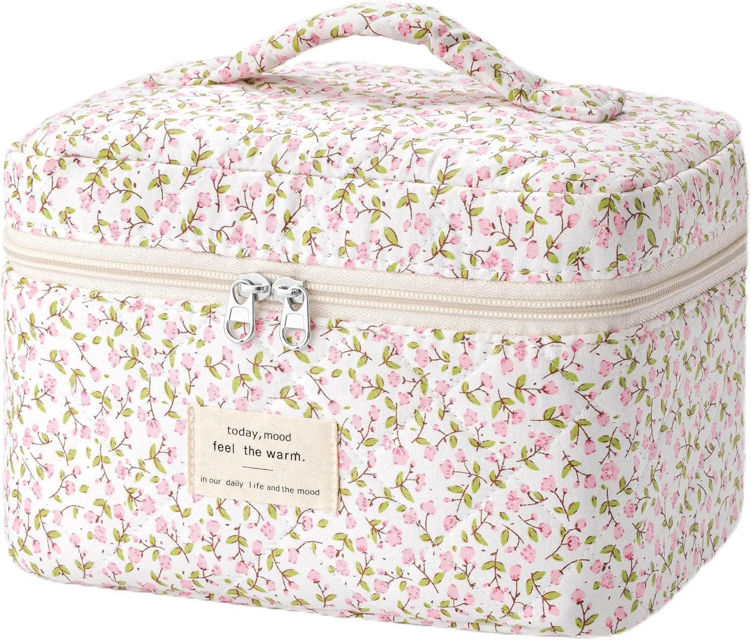 HBselect Quilted Makeup Bag, Portable Cotton Large Travel Makeup Bag, Cute Coquette Pink Floral Cosmetic Bags Toiletry Bags for Women Teen Girls Mom