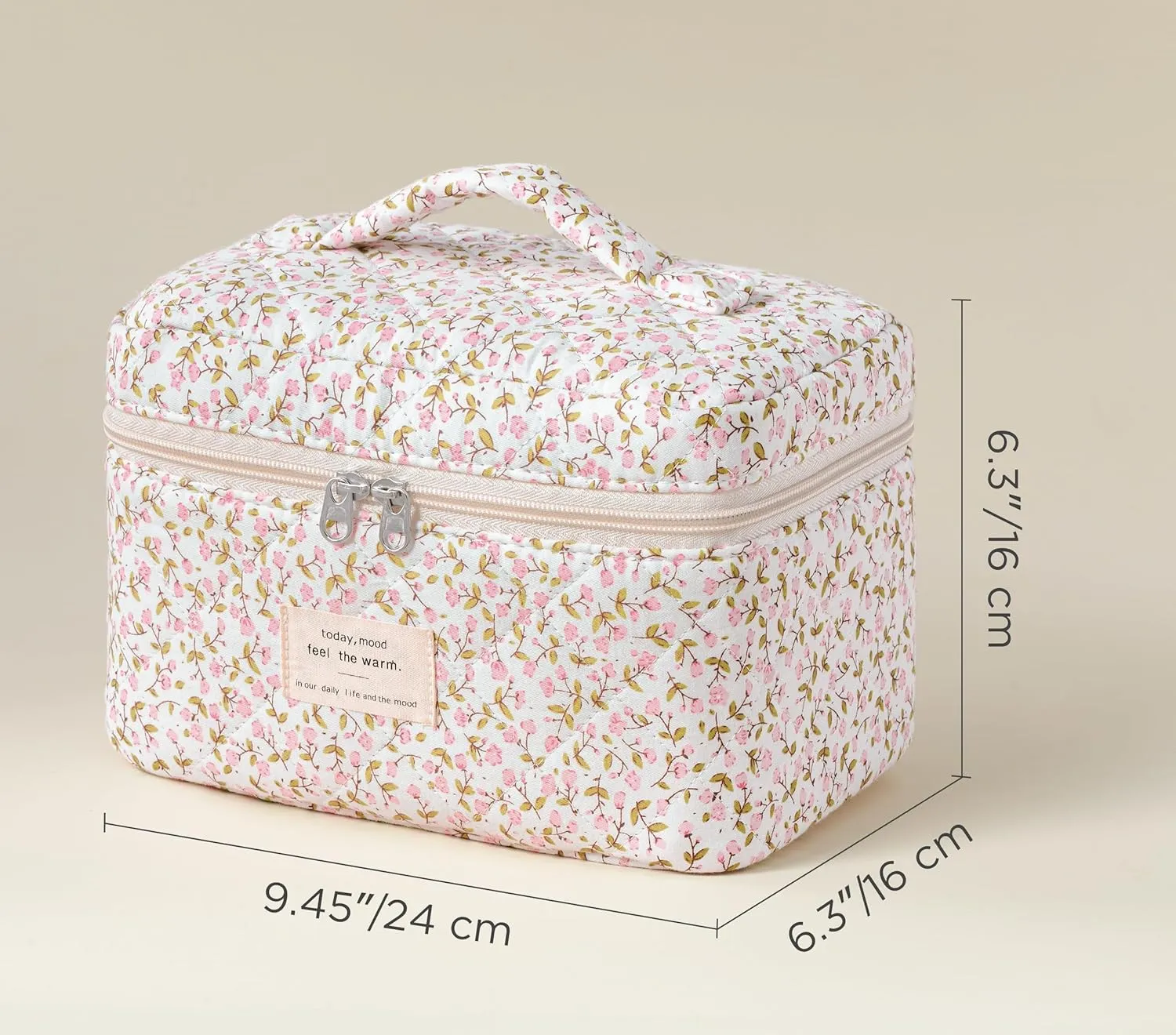 HBselect Quilted Makeup Bag, Portable Cotton Large Travel Makeup Bag, Cute Coquette Pink Floral Cosmetic Bags Toiletry Bags for Women Teen Girls Mom
