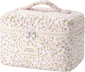 HBselect Quilted Makeup Bag, Portable Cotton Large Travel Makeup Bag, Cute Coquette Pink Floral Cosmetic Bags Toiletry Bags for Women Teen Girls Mom