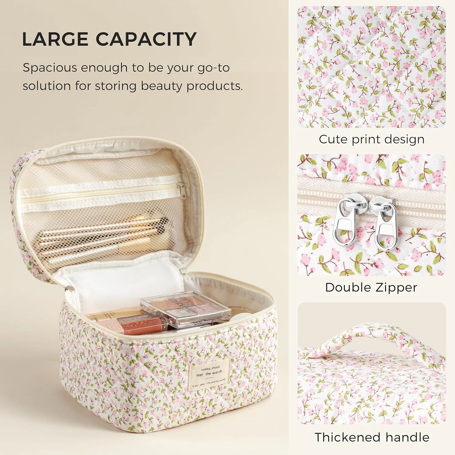 HBselect Quilted Makeup Bag, Portable Cotton Large Travel Makeup Bag, Cute Coquette Pink Floral Cosmetic Bags Toiletry Bags for Women Teen Girls Mom