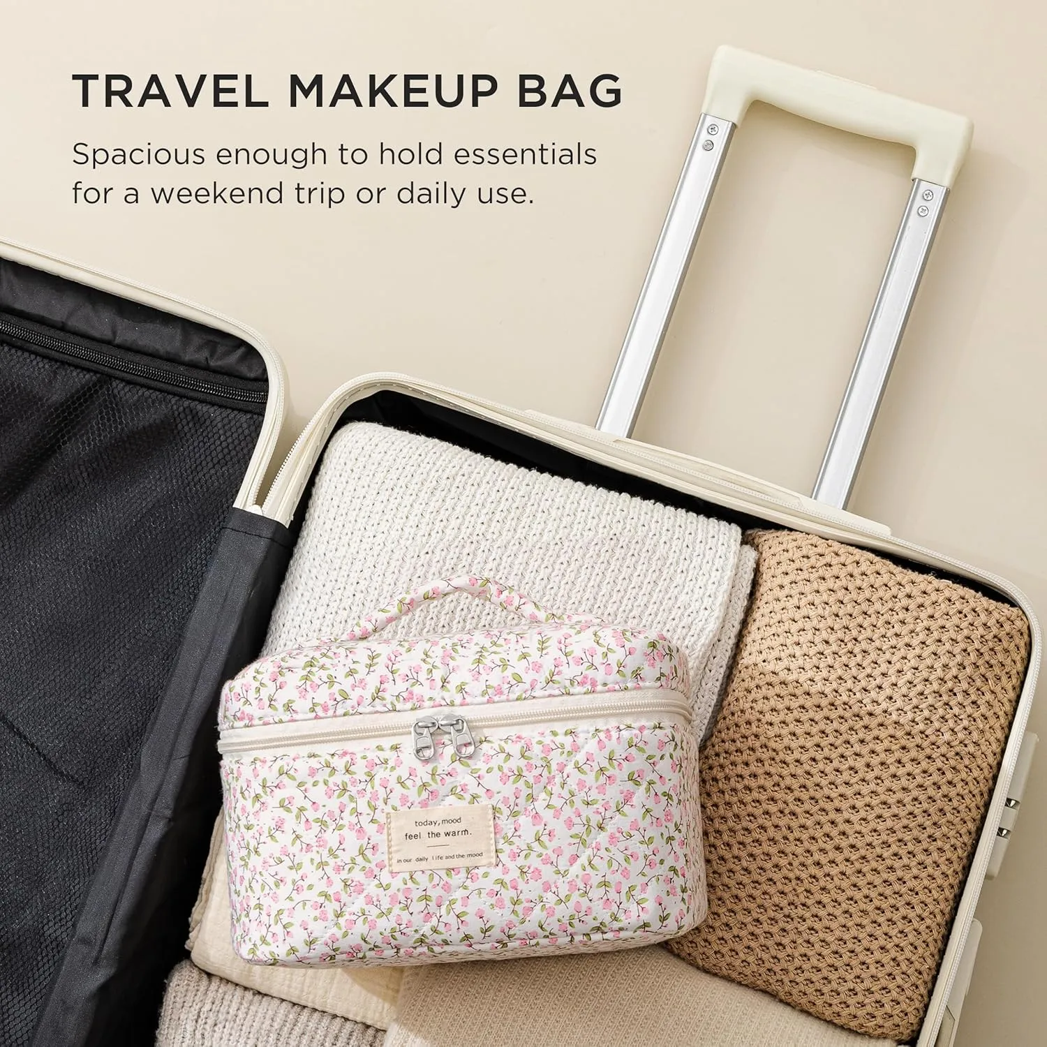 HBselect Quilted Makeup Bag, Portable Cotton Large Travel Makeup Bag, Cute Coquette Pink Floral Cosmetic Bags Toiletry Bags for Women Teen Girls Mom