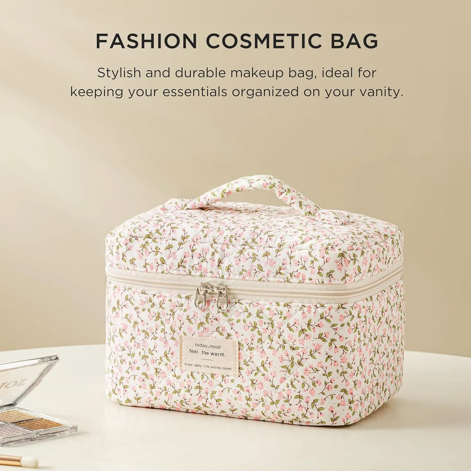 HBselect Quilted Makeup Bag, Portable Cotton Large Travel Makeup Bag, Cute Coquette Pink Floral Cosmetic Bags Toiletry Bags for Women Teen Girls Mom