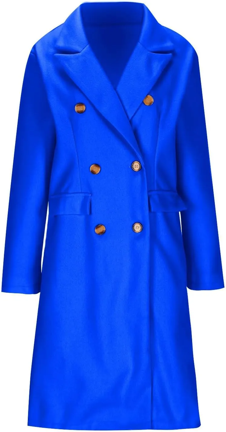 HGps8w Classic Double Breasted Pea Coat for Women Wool Blend Mid-Long Notch Lapel Winter Trench Coat Jackets with Pockets
