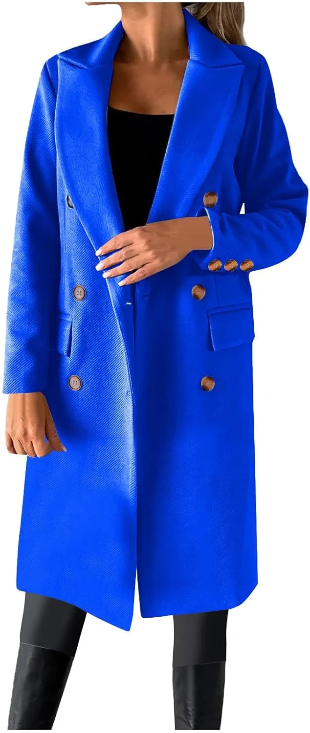 HGps8w Classic Double Breasted Pea Coat for Women Wool Blend Mid-Long Notch Lapel Winter Trench Coat Jackets with Pockets