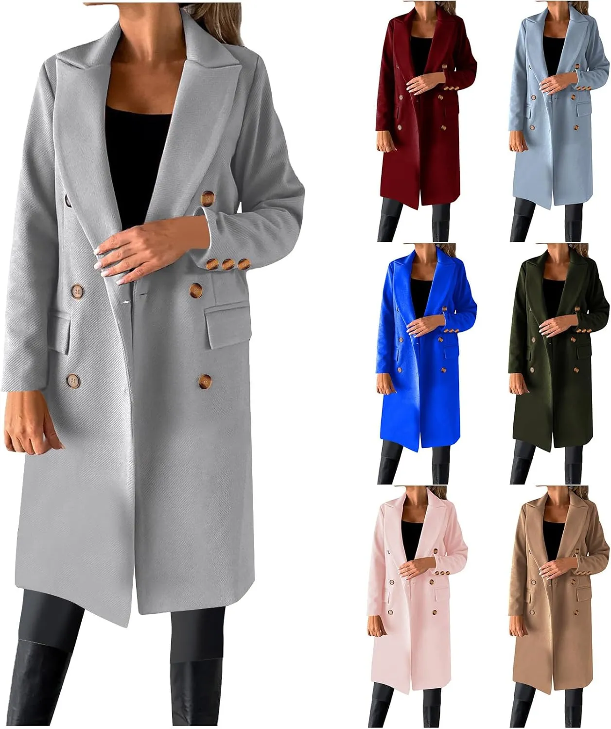 HGps8w Classic Double Breasted Pea Coat for Women Wool Blend Mid-Long Notch Lapel Winter Trench Coat Jackets with Pockets