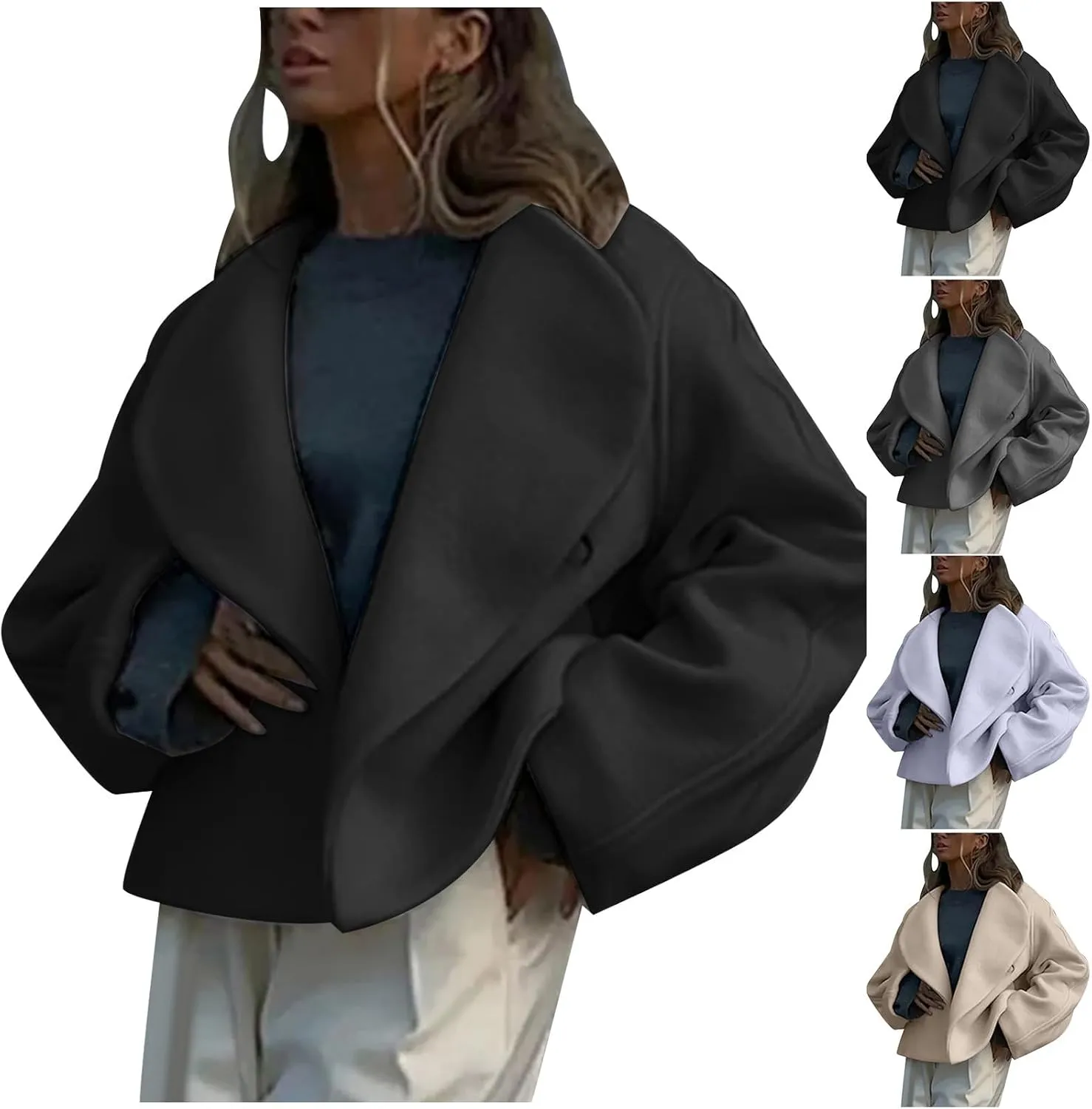 HGps8w Women's Cropped Wool Coats Dressy Lapel Winter Wool Blend Peacoat Trench Jacket Outwear with Pockets