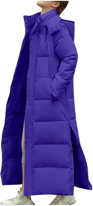 HGps8w Women's Winter Long Thickened Down Coat Slit Side Quilted Puffer Jacket Insulated Parkas Hooded Outerwear with Pockets