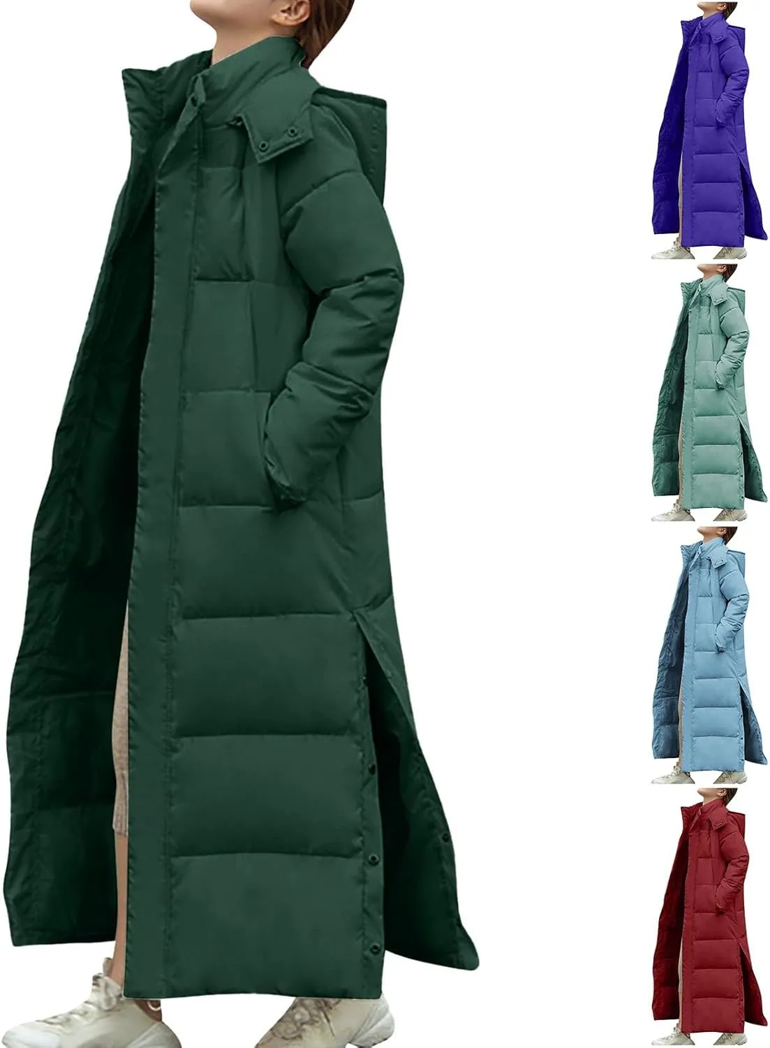 HGps8w Women's Winter Long Thickened Down Coat Slit Side Quilted Puffer Jacket Insulated Parkas Hooded Outerwear with Pockets