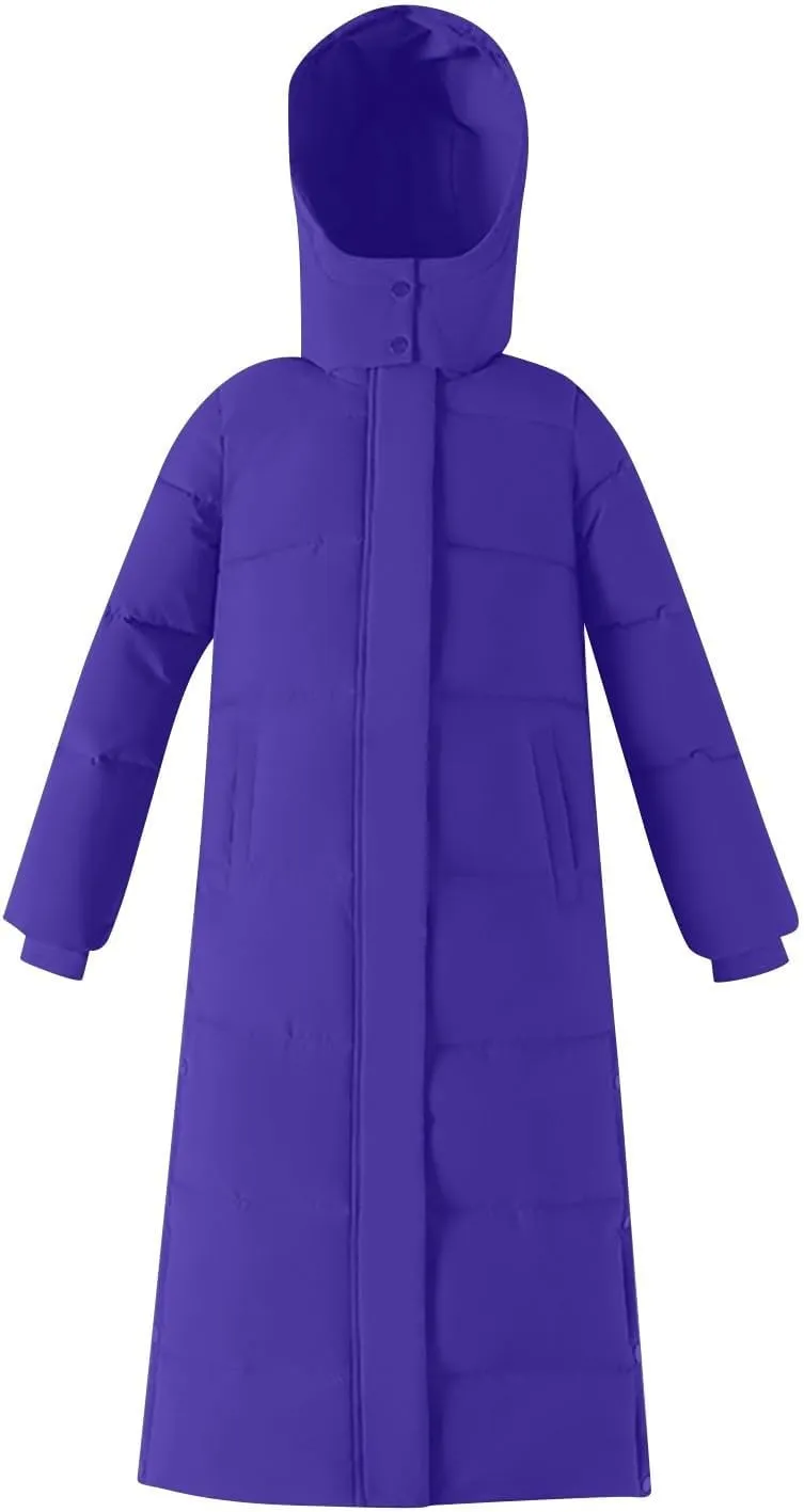 HGps8w Women's Winter Long Thickened Down Coat Slit Side Quilted Puffer Jacket Insulated Parkas Hooded Outerwear with Pockets