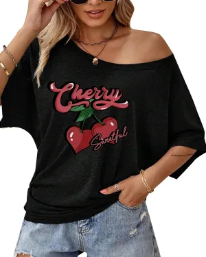 Hilinker Womens Sexy Off The Shoulder Tops Short Batwing Sleeve T Shirt Oversized Casual Tee
